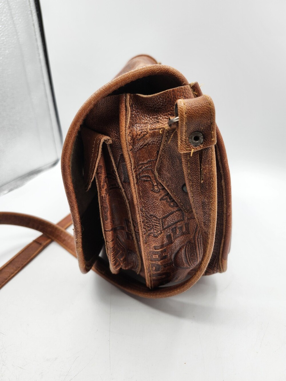 Jerusalem Embossed Leather Crossbody Vintage Bag Brown Handmade Handtooled - Picture 2 of 9